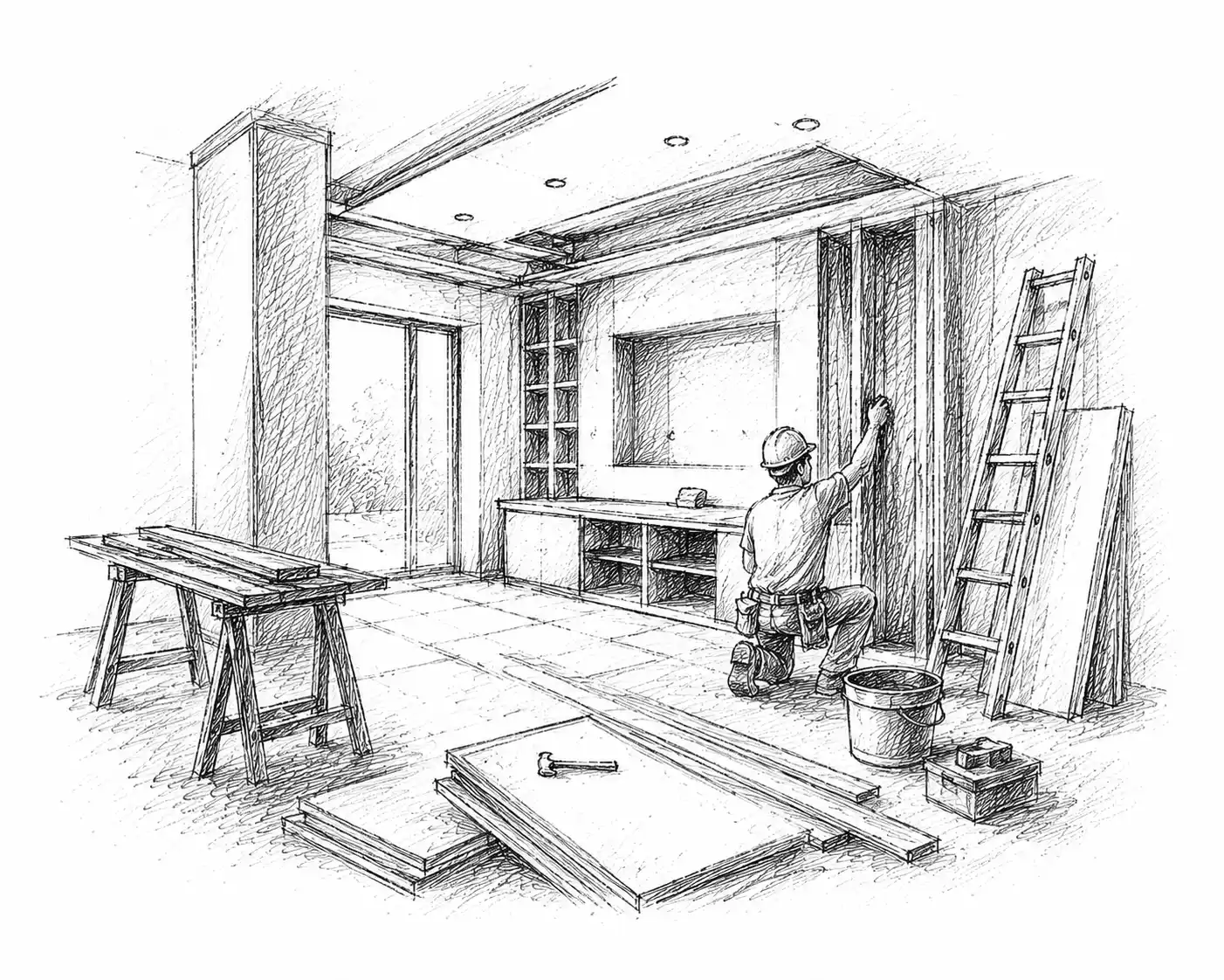 Execution — workers building the interior