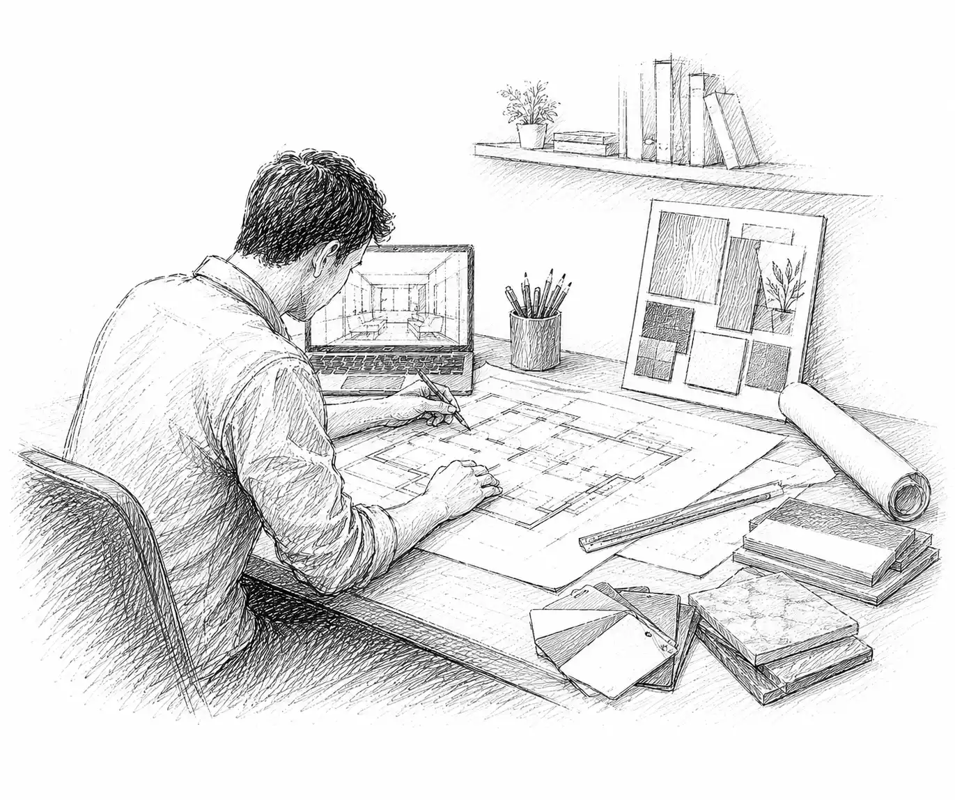 Design and Planning — designer working on blueprints