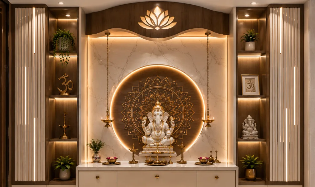 Beautiful wooden pooja unit design for Chennai home