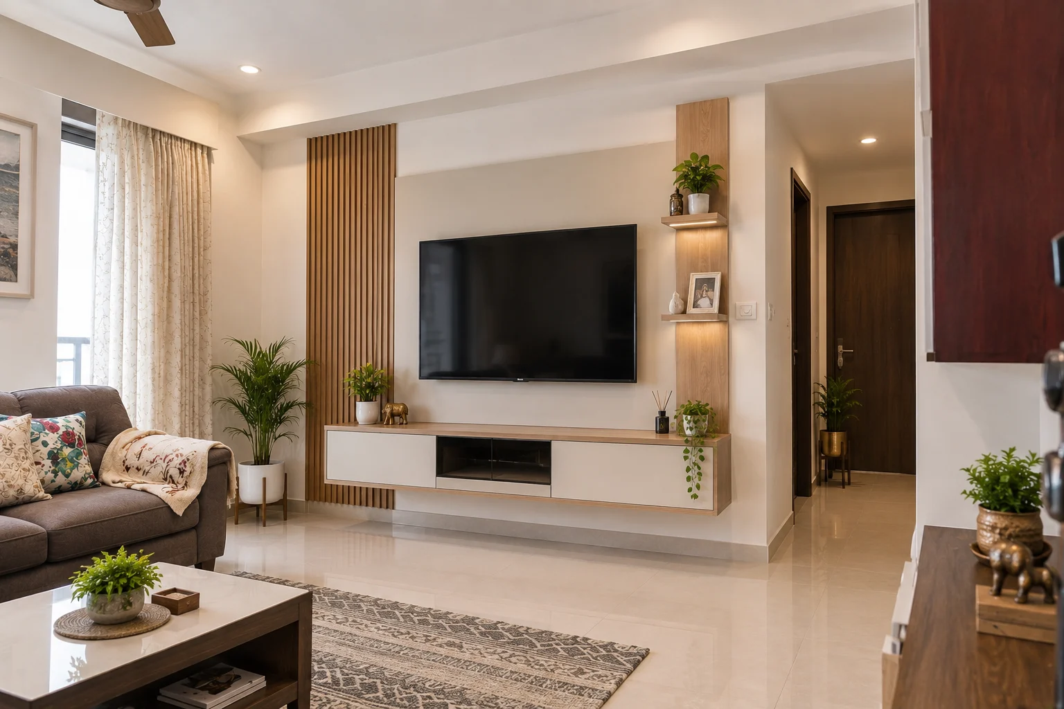 Functional TV unit design for living room in Chennai