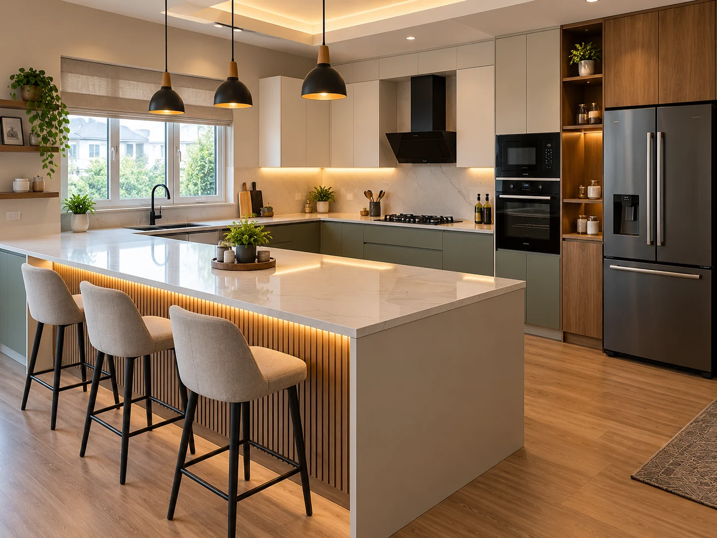 G-shaped modular kitchen layout