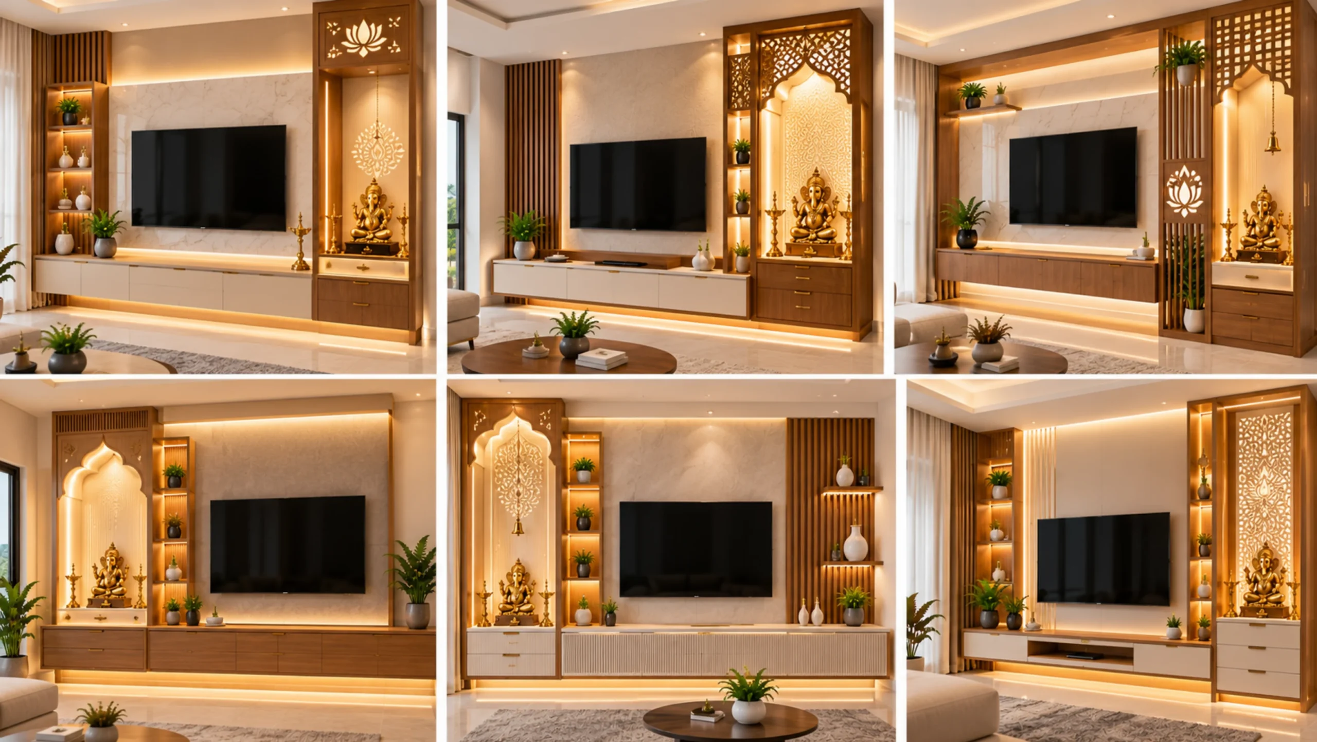 TV showcase with mandir design ideas for small living rooms